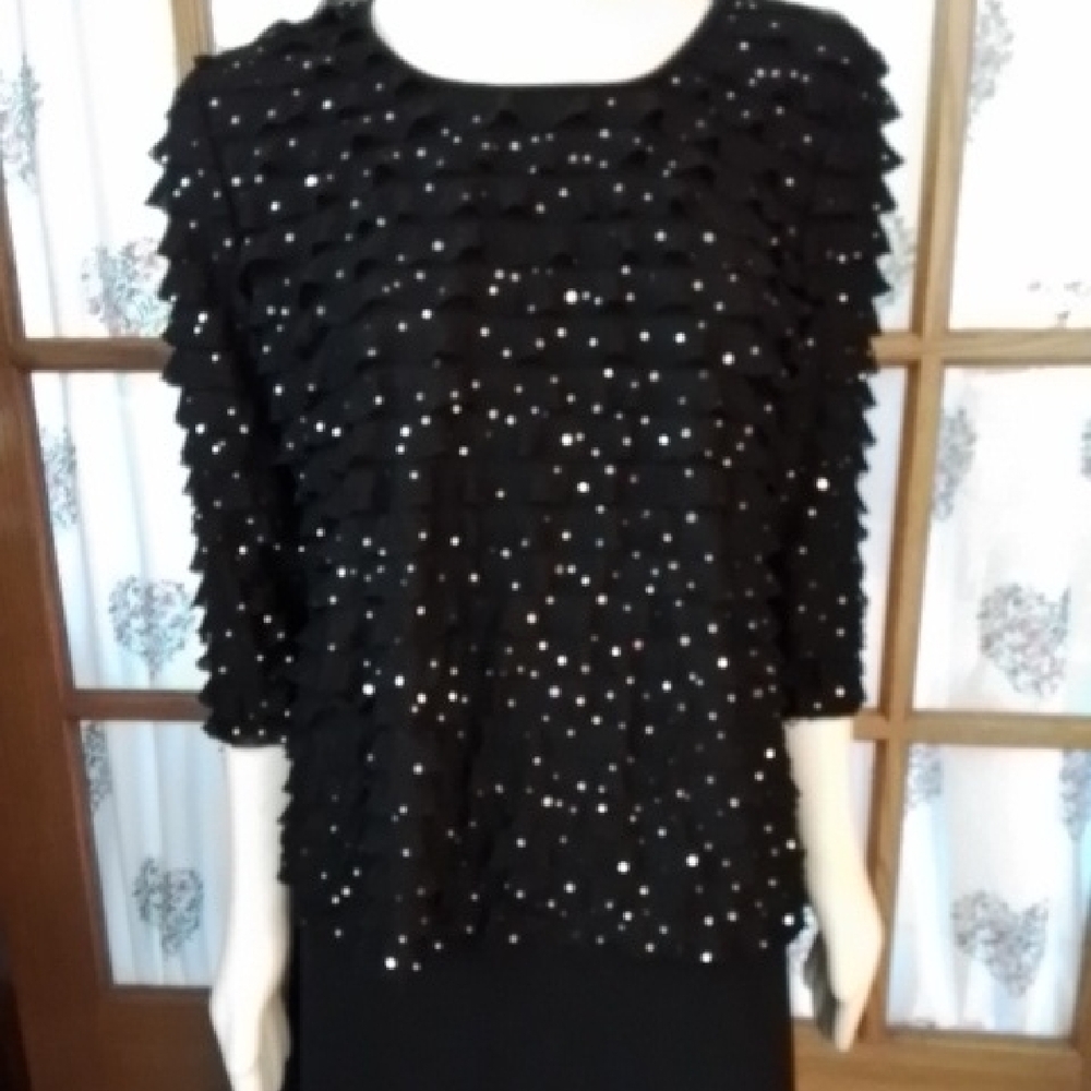 Notations Black Sequined Ruffled Top, Three-quarter Length Sleeves, Size L.